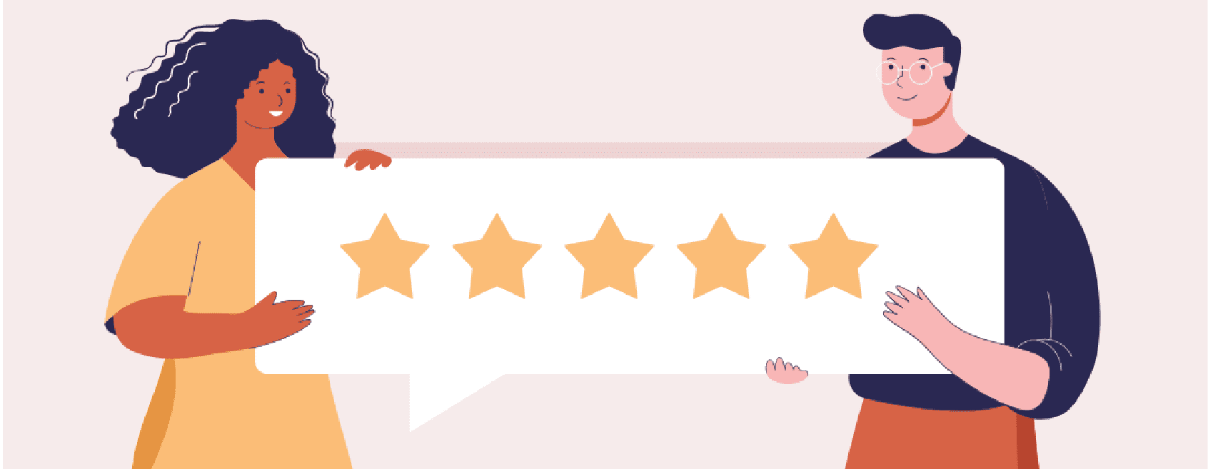 EvaluationLaunchImage Two people holding a chat bubble with five rating stars