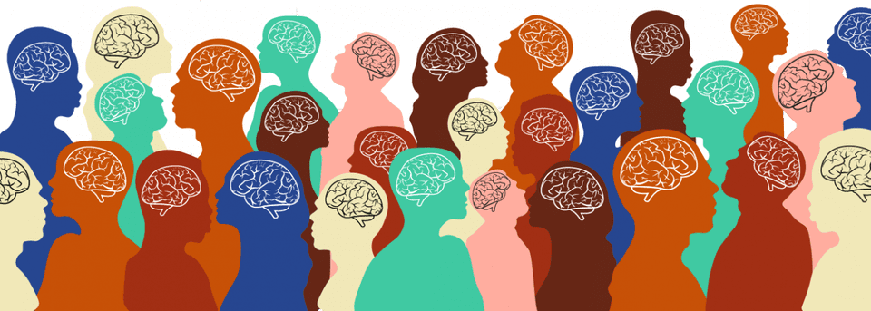 silhouettes of heads in diverse colors containing line drawings of brains