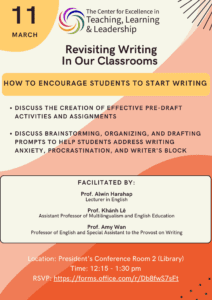 Revisiting Writing In Our Classrooms: How to encourage students to start writing workshop flier