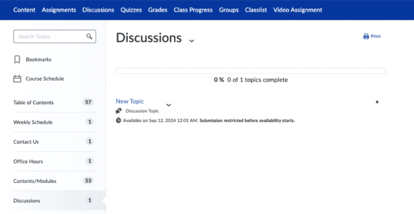Learner's view of a Brightspace Content Module containing a Discussion topic with Submission restricted. The topic name is hyperlinked.