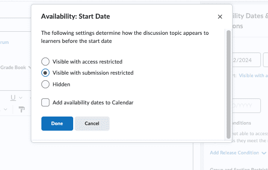 Discussion Availability Start Date with Submissions Restricted option selected