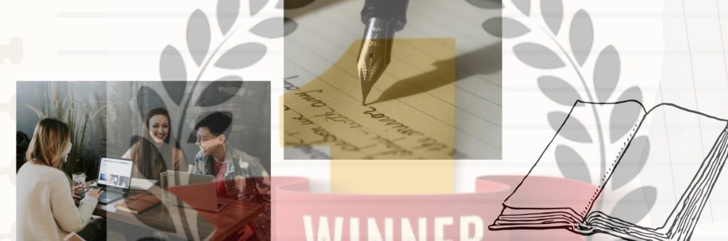 Collage: Fountain pen writing; people with laptops talking animatedly; open book