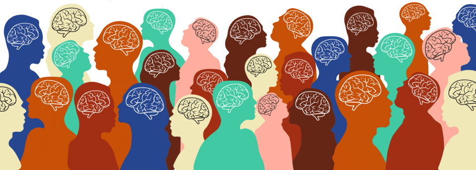 neurodiversity-hub-header-image silhouettes of heads in diverse colors containing line drawings of brains