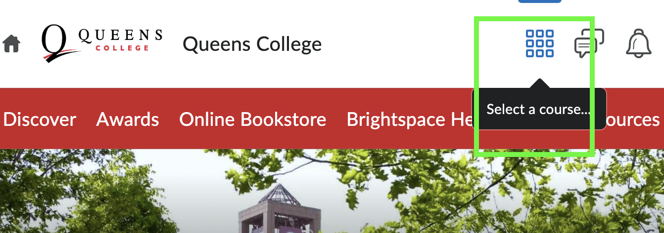 Queens College Brightspace home page with 
