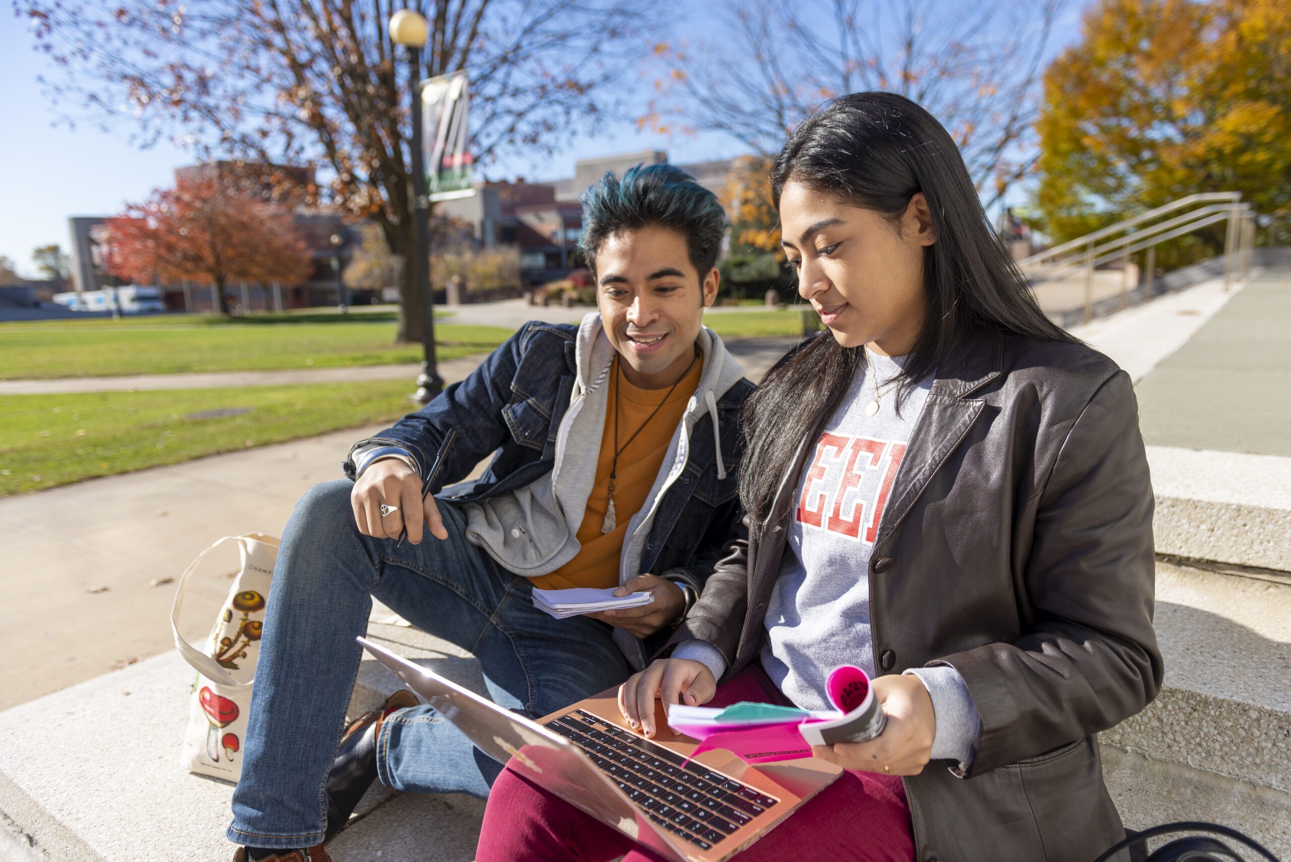 Two people sitting down look at a laptop