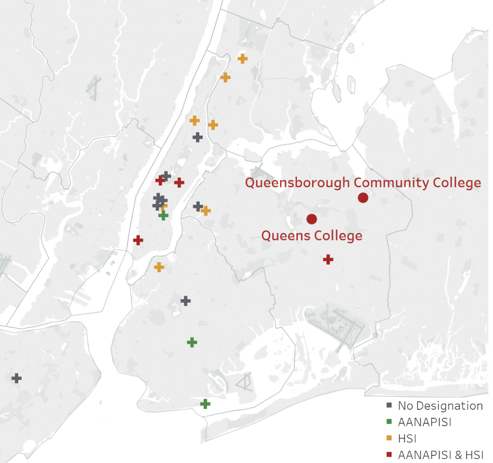 A map of New York City. A map of New York City. There are two red circles for the locations of Queens College and Queensborough Community College.