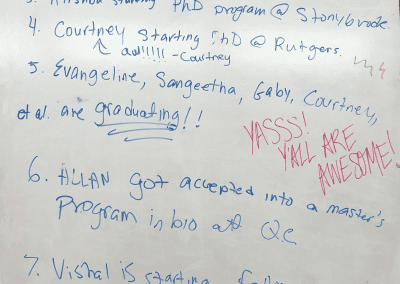 A close-up of a whiteboard with the achievements of the peer mentors written on them.