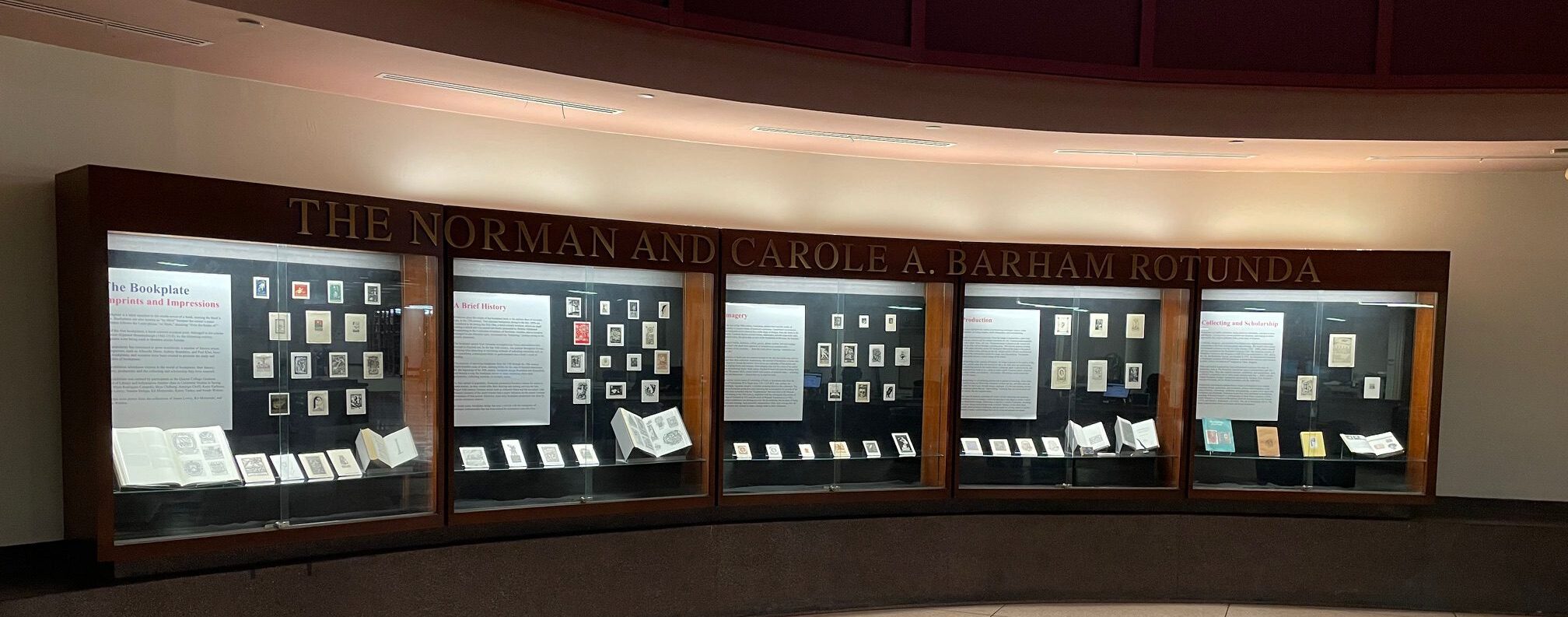 The Bookplate: Imprints and Impressions exhibit in the Barham Rotunda.