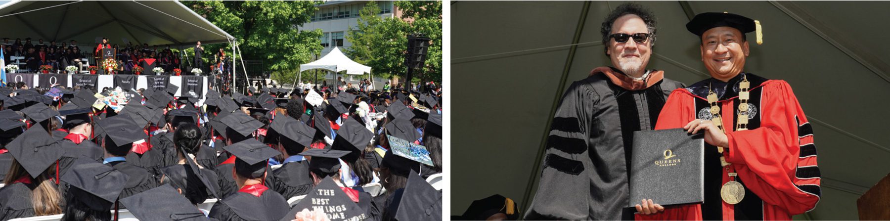 view of the stage on Commencement day and photo of Jon Favreau receiving his degree