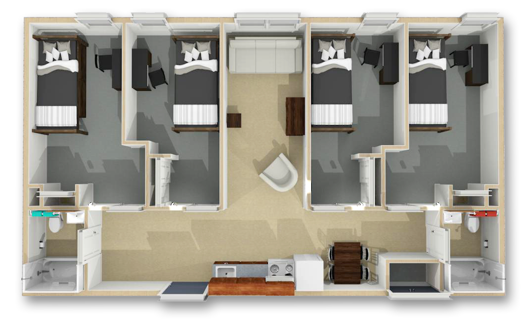 Four bedrooms and two baths floor plan.