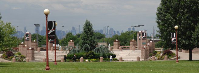 The view through Cooperman Plaza with the skyline in the background. The view through Cooperman Plaza with the skyline in the background.