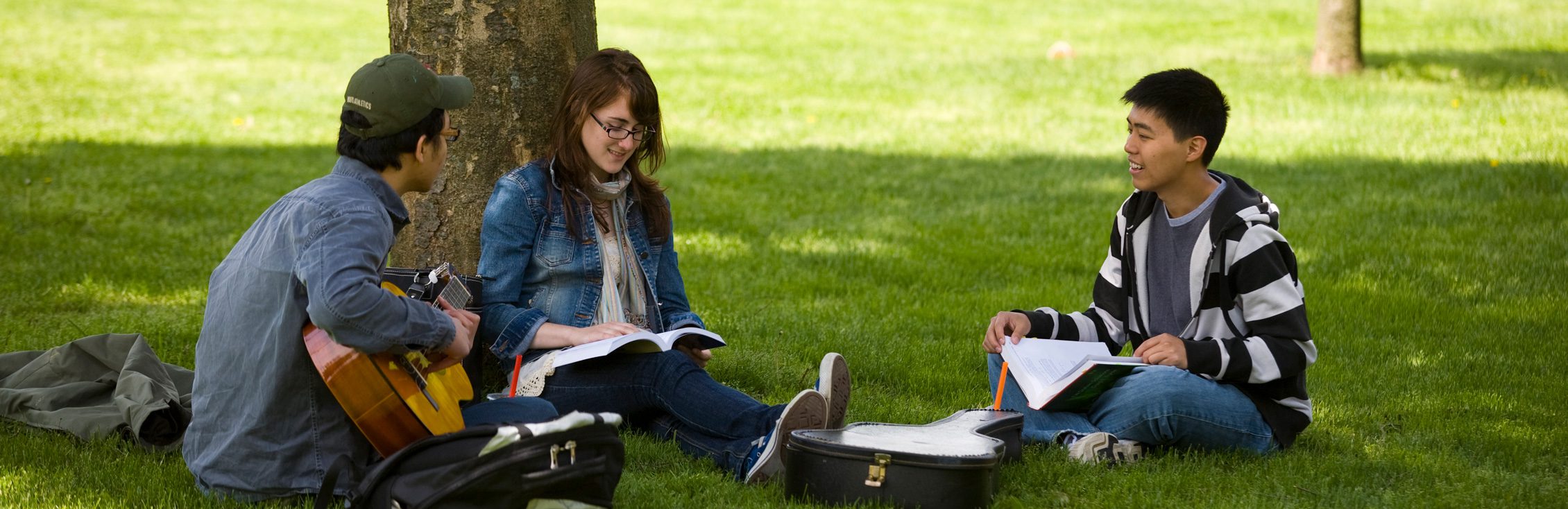 Two students looking at a laptop while sitting on the grass. 