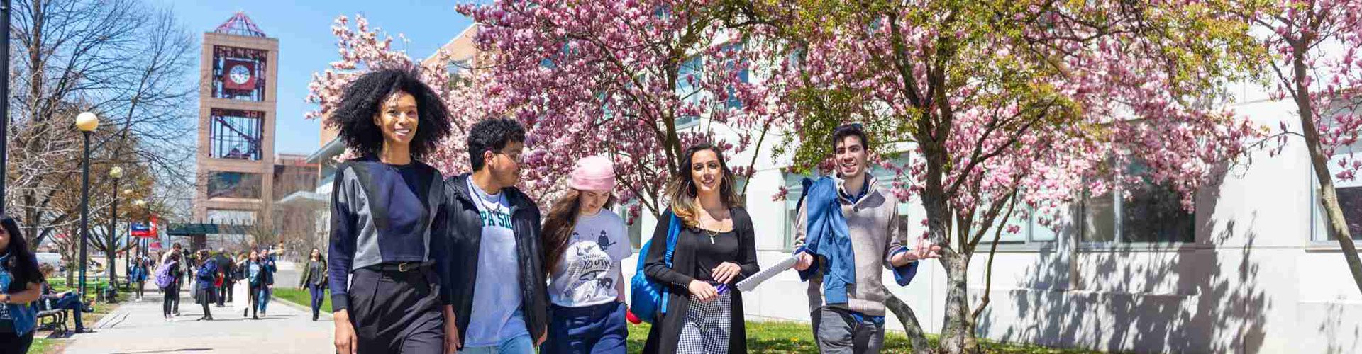 Picture of students walking through Queens College Campus on a sunny day