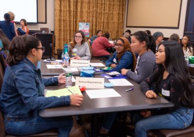 A group of people sit at a table while having a discussion. The table is labeled “School Experiences”.