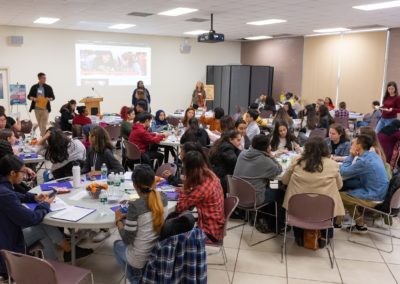 A room with groups of people sitting at round tables. The front of the room contains a podium with a microphone and a projector presentation.