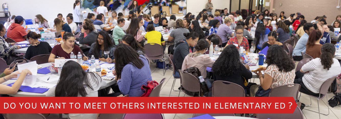 Transitions to Teaching Banner 2. Groups of people sitting at round tables. The banner reads: Do you want to meet others interested in Elementary Ed?
