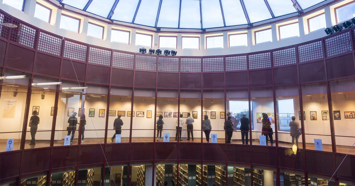 Art Exhibit inside the Benjamin Rosenthal Library.